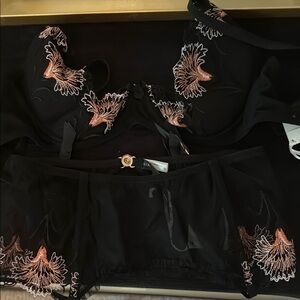 Elegant Black and Orange Embroidered Lingerie Set